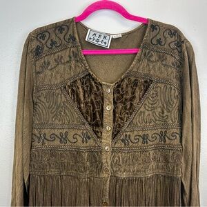 M.P.H. Vintage 90s Brown Womens XL Embroidered Button-Up Maxi Dress Fairy Whimsy
